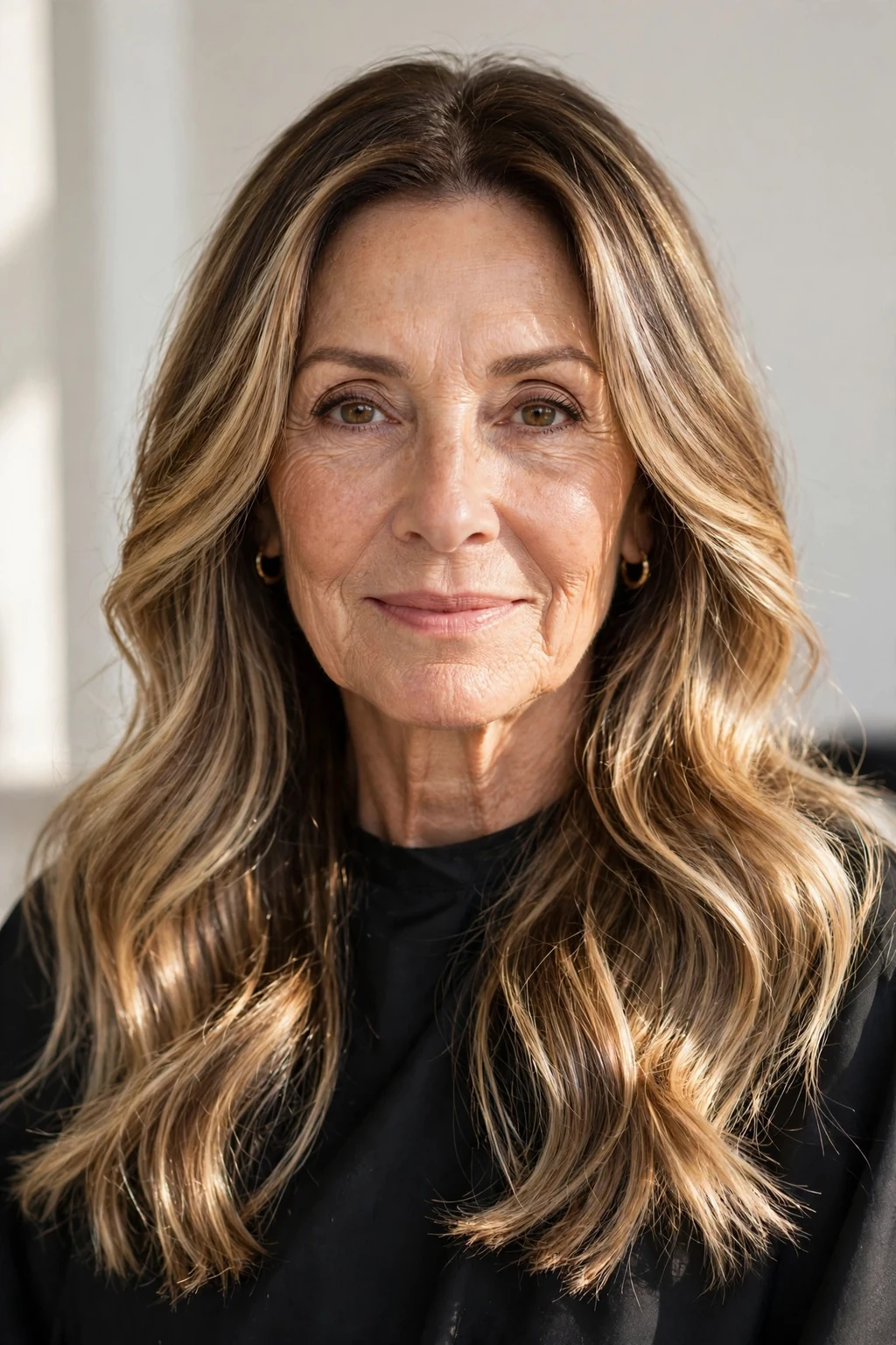 Elegant woman over 60 with long balayage hair, hand-painted dimensional color, sunlit photo.