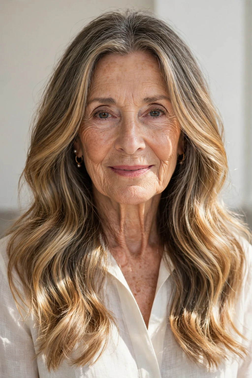 Elegant woman over 70 with long balayage hair, hand-painted dimensional color, sunlit photo.