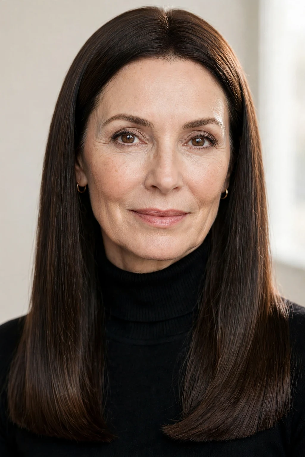 Elegant woman over 50 with long hair and blunt ends, sharp healthy ends, bold light.