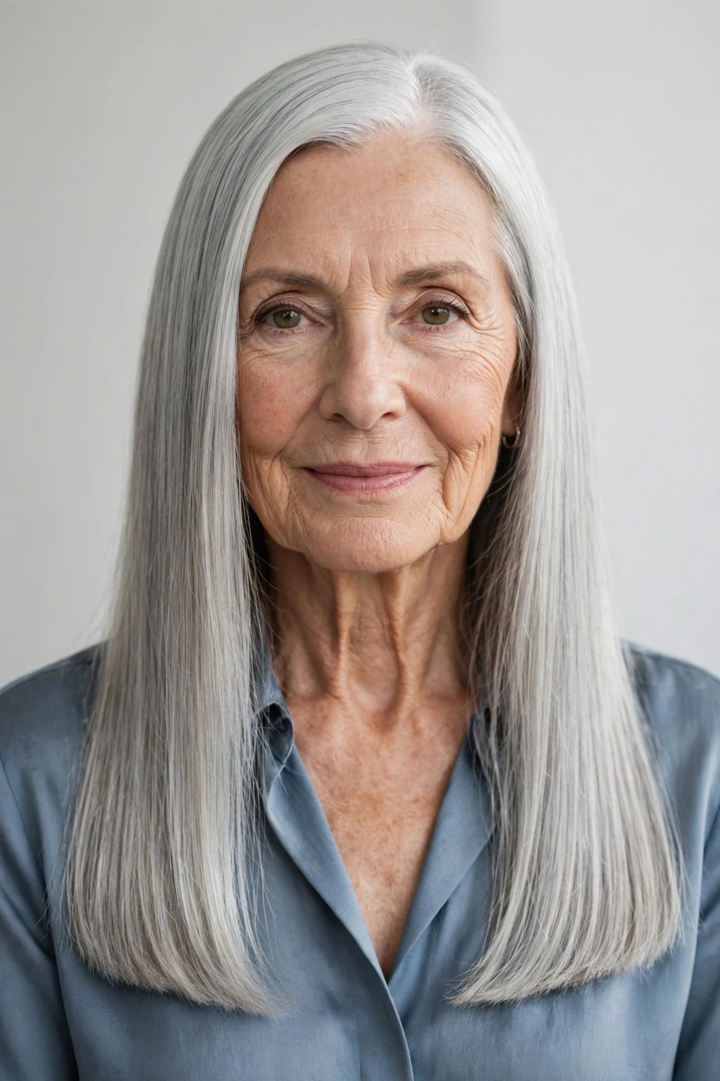Elegant woman over 70 with long hair and blunt ends, sharp healthy ends, bold light.