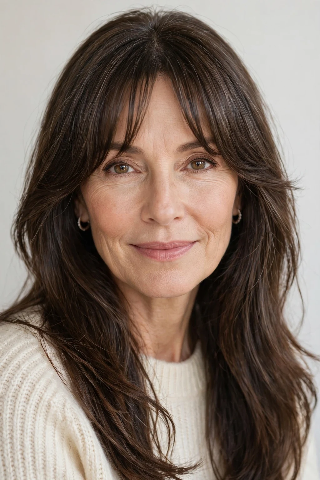Elegant woman over 50 with long hair and curtain bangs, soft parted fringe, flattering light.