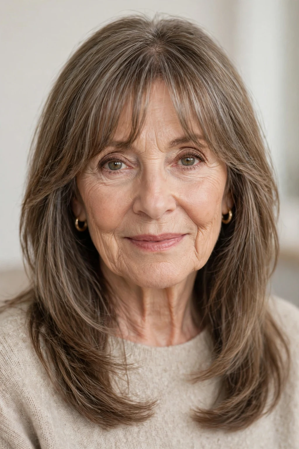 Elegant woman over 60 with long hair and curtain bangs, soft parted fringe, flattering light.