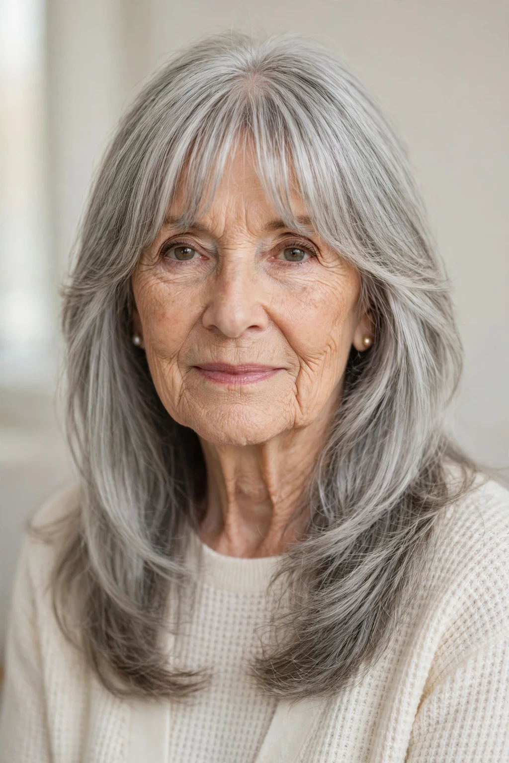 Elegant woman over 70 with long hair and curtain bangs, soft parted fringe, flattering light.