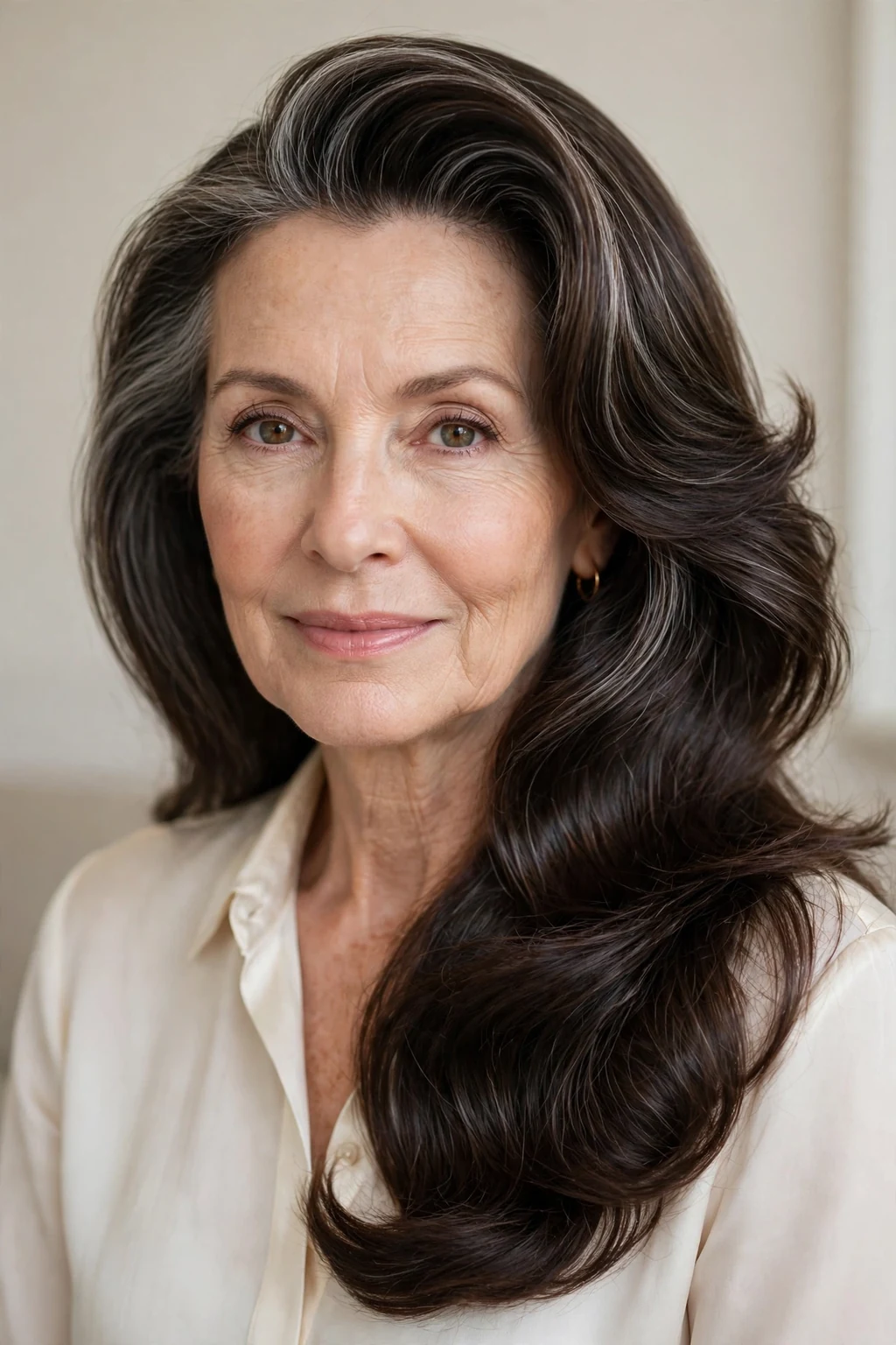 Elegant woman over 50 with deep side part long hair, dramatic elegant sweep, refined light.