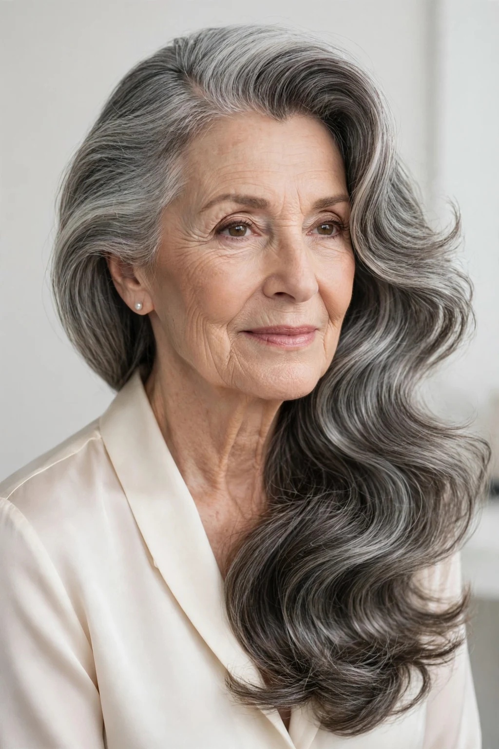Elegant woman over 60 with deep side part long hair, dramatic elegant sweep, refined light.