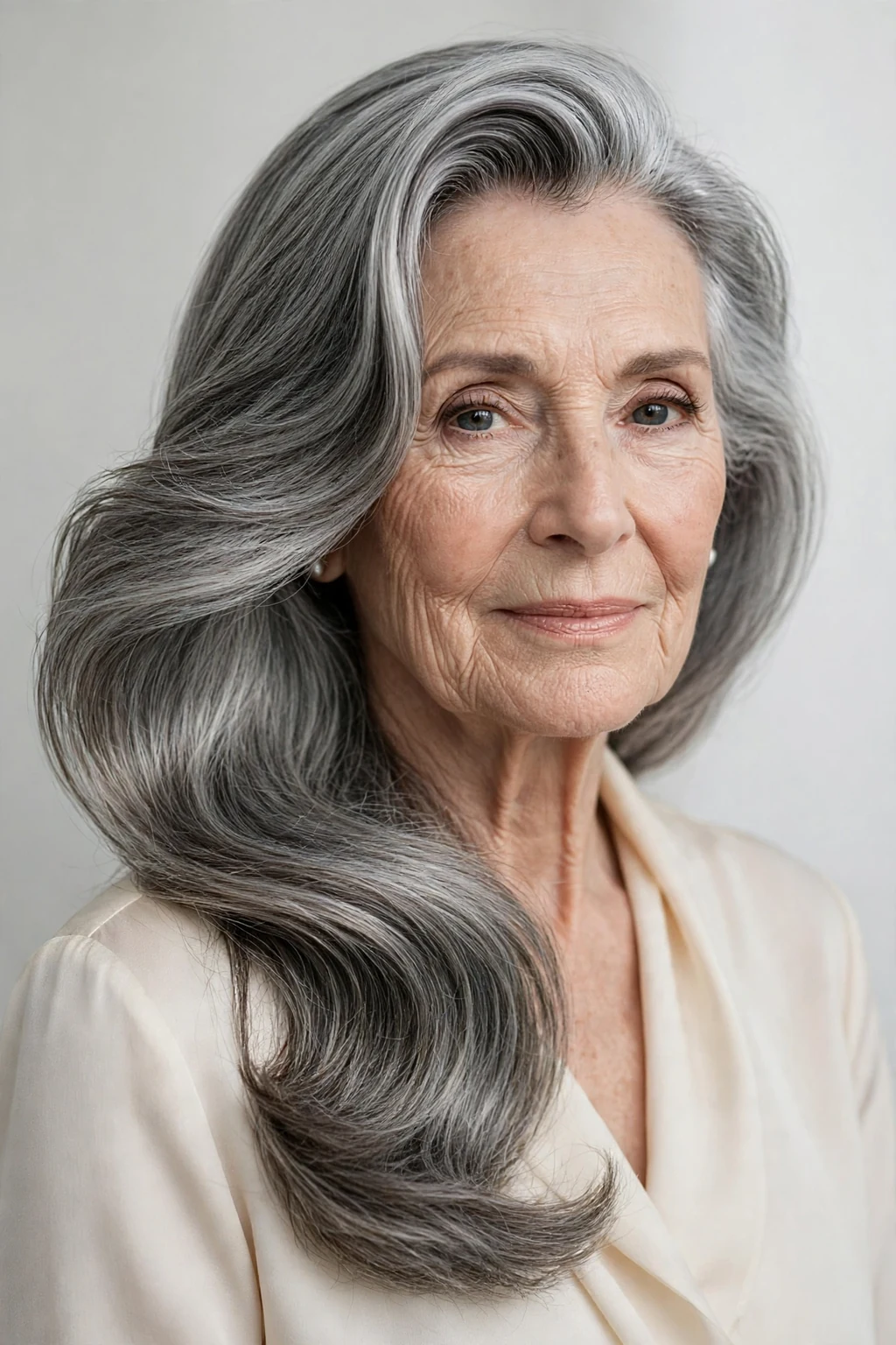 Elegant woman over 70 with deep side part long hair, dramatic elegant sweep, refined light.