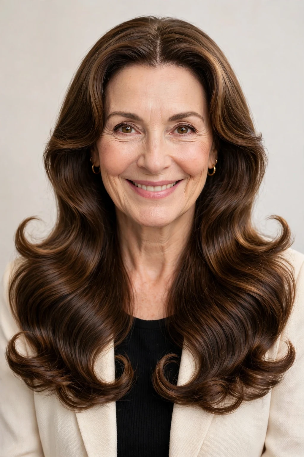 Elegant woman over 50 with long flipped ends, bouncy polished finish, playful light.