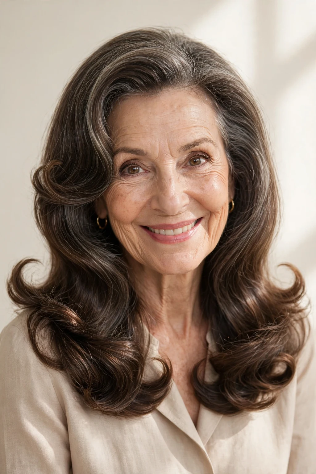 Elegant woman over 60 with long flipped ends, bouncy polished finish, playful light.