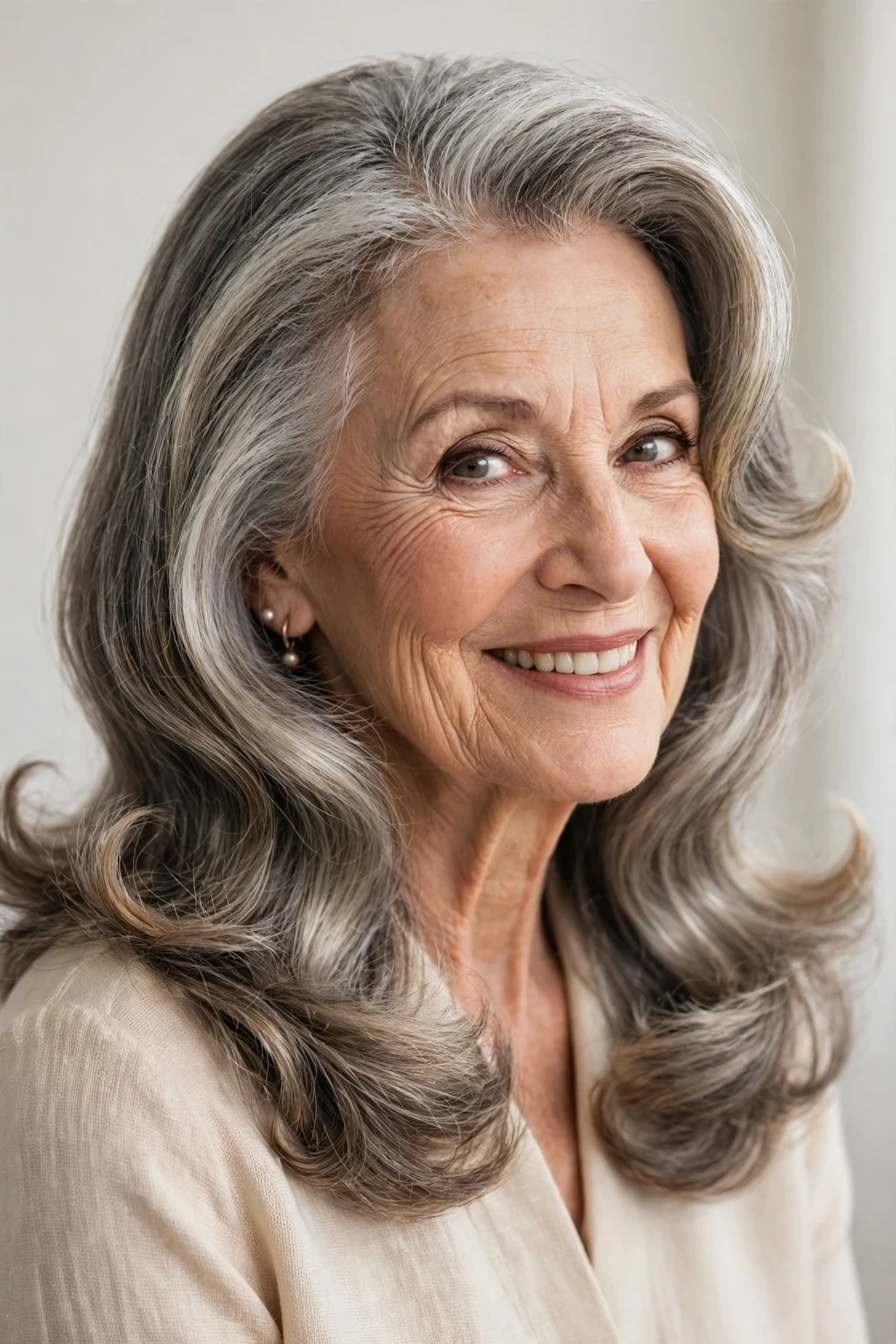 Elegant woman over 70 with long flipped ends, bouncy polished finish, playful light.