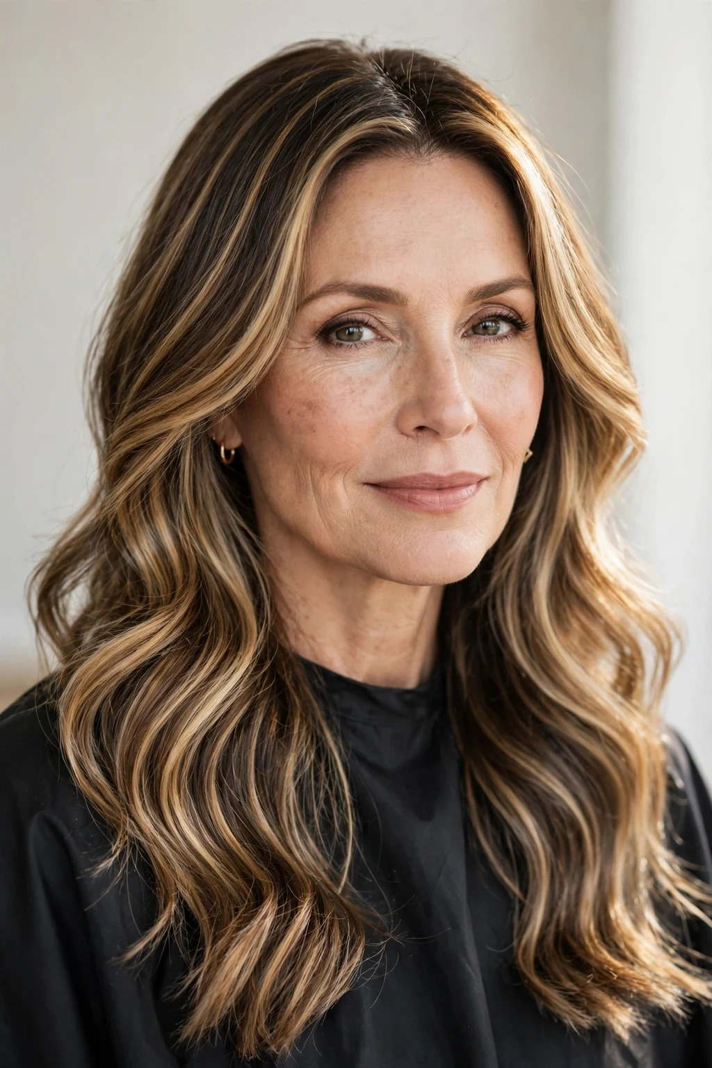 Elegant woman over 50 with highlighted long hair, dimensional radiant color, luminous light.