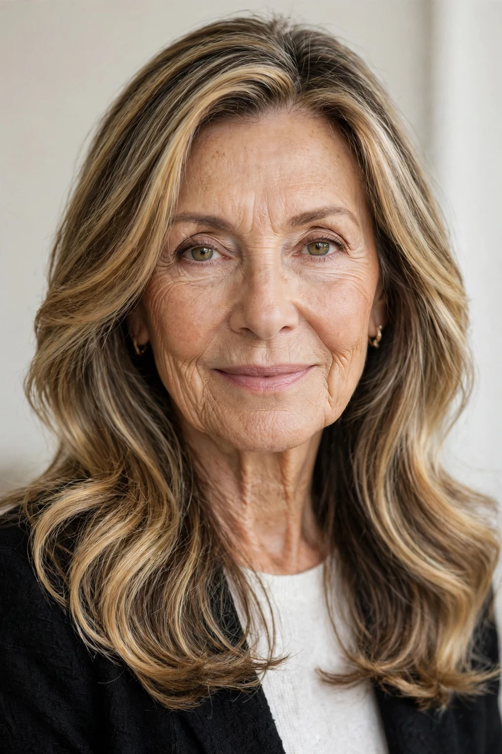 Elegant woman over 60 with highlighted long hair, dimensional radiant color, luminous light.