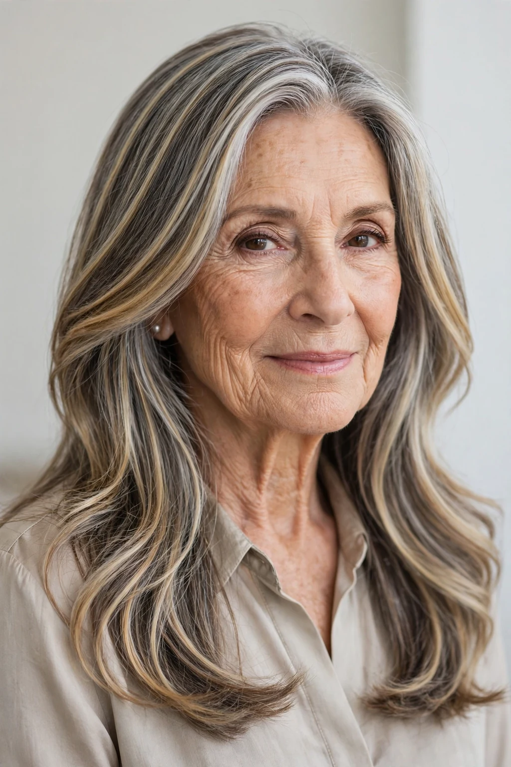 Elegant woman over 70 with highlighted long hair, dimensional radiant color, luminous light.