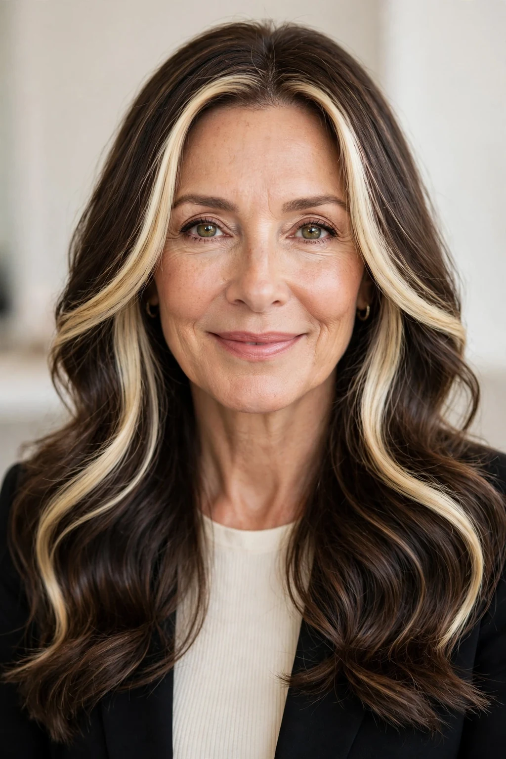 Elegant woman over 50 with money piece long hair, bright face-framing color, radiant light.