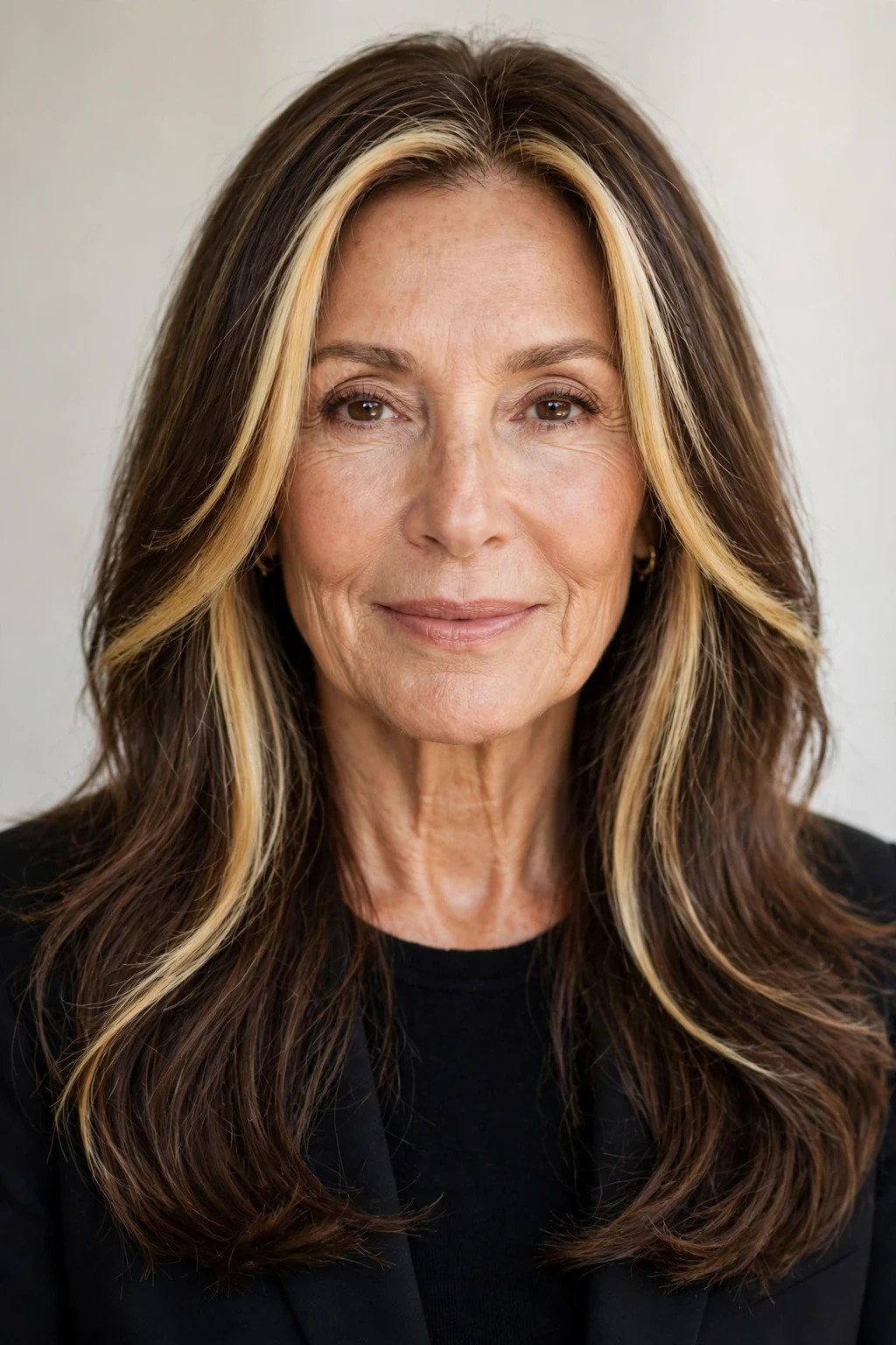 Elegant woman over 60 with money piece long hair, bright face-framing color, radiant light.