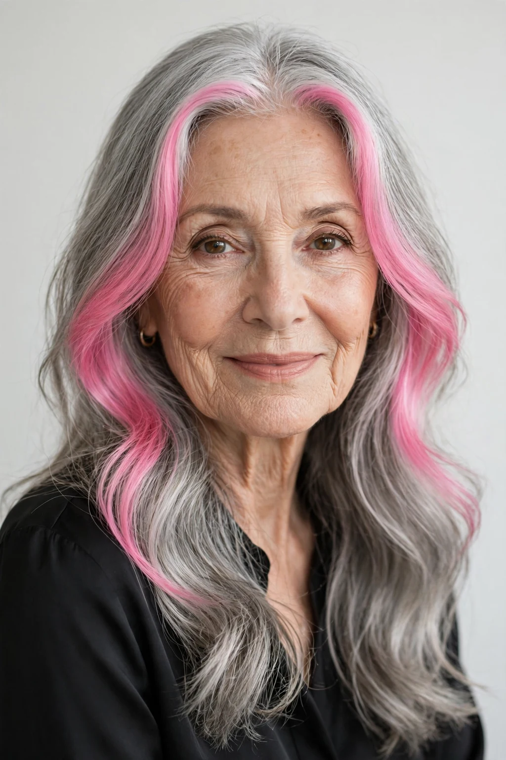 Elegant woman over 70 with money piece long hair, bright face-framing color, radiant light.