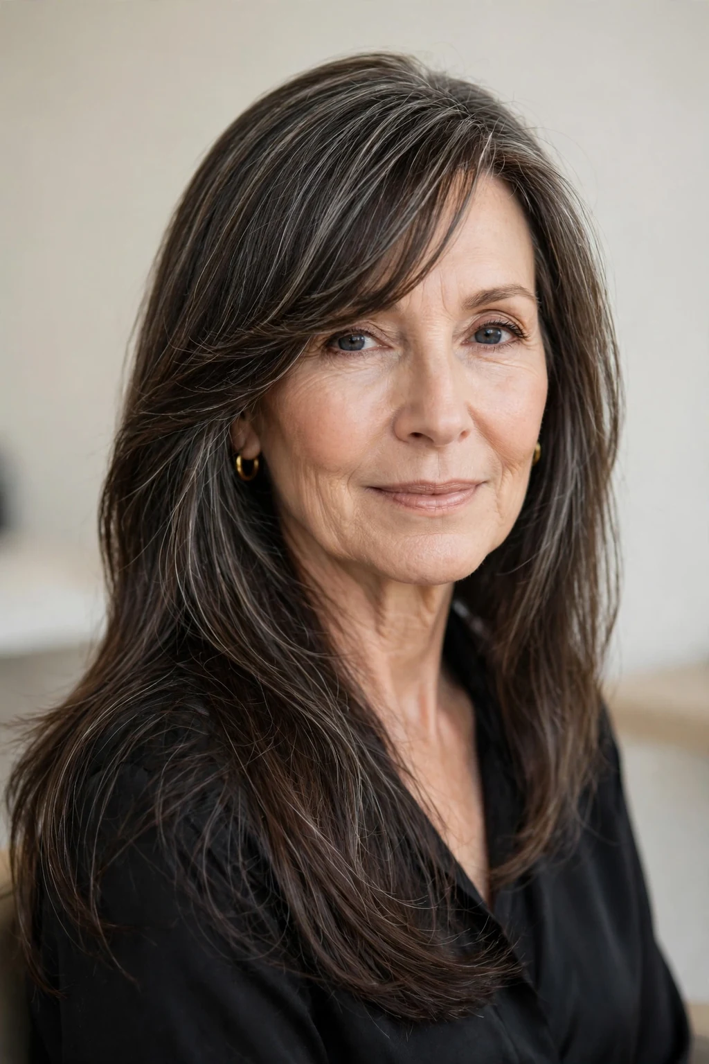 Elegant woman over 50 with long hair and side-swept bangs, graceful diagonal fringe, chic light.