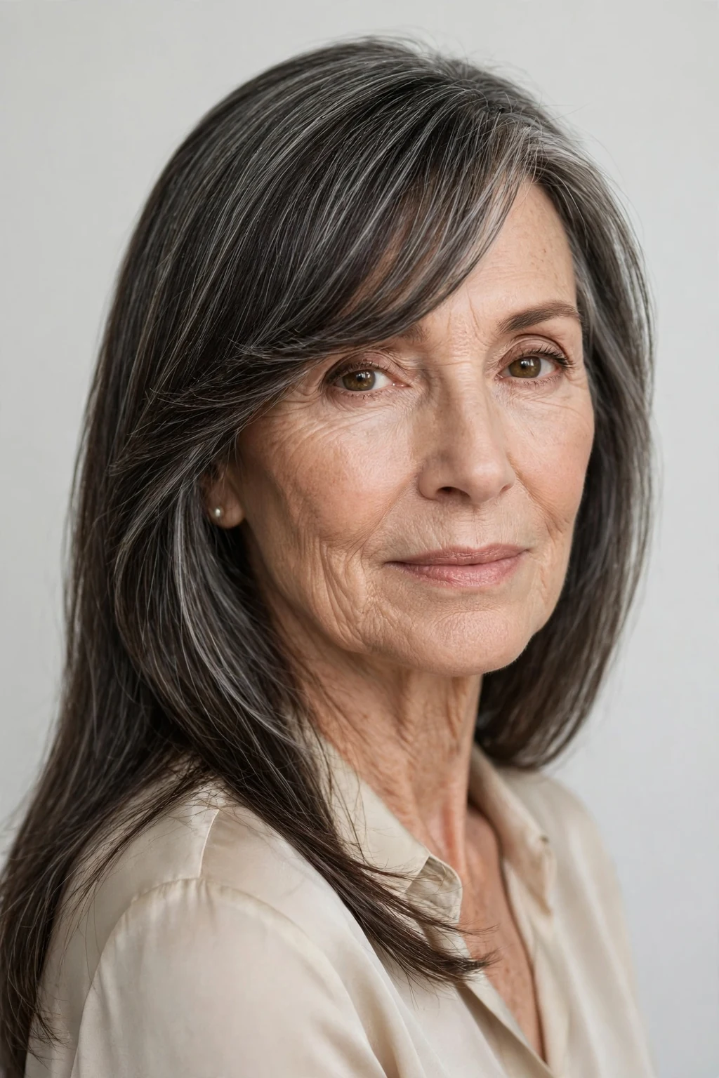 Elegant woman over 60 with long hair and side-swept bangs, graceful diagonal fringe, chic light.
