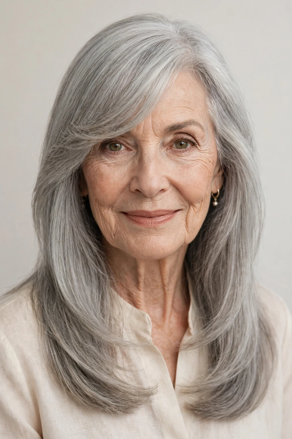 Elegant woman over 70 with long hair and side-swept bangs, graceful diagonal fringe, chic light.