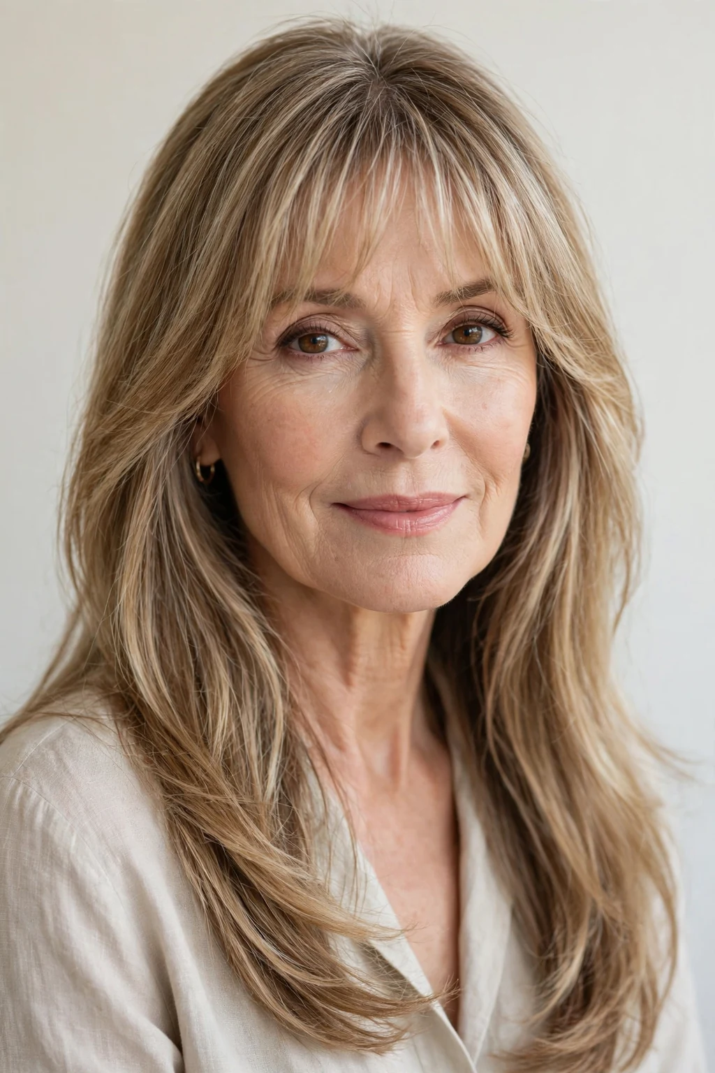 Elegant woman over 50 with long hair and wispy fringe, delicate airy bangs, gentle light.