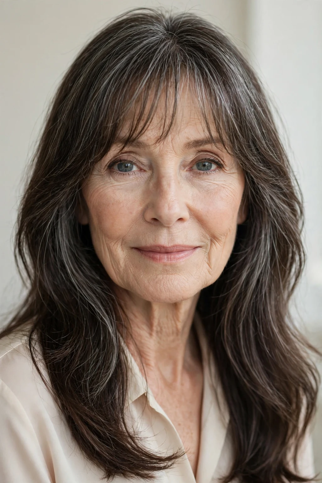 Elegant woman over 60 with long hair and wispy fringe, delicate airy bangs, gentle light.