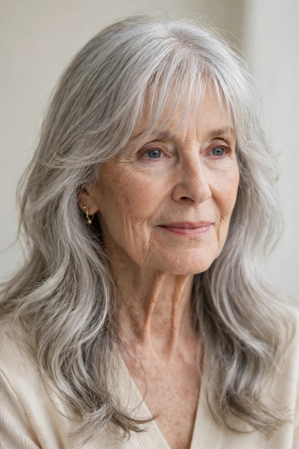 Elegant woman over 70 with long hair and wispy fringe, delicate airy bangs, gentle light.