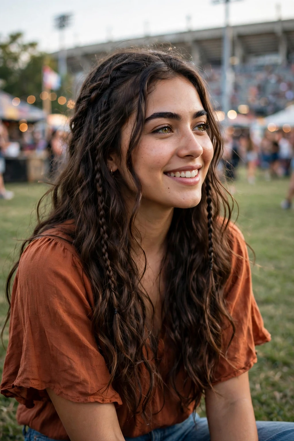 Young woman at an outdoor festival style game in a flowy top with loose boho braids.