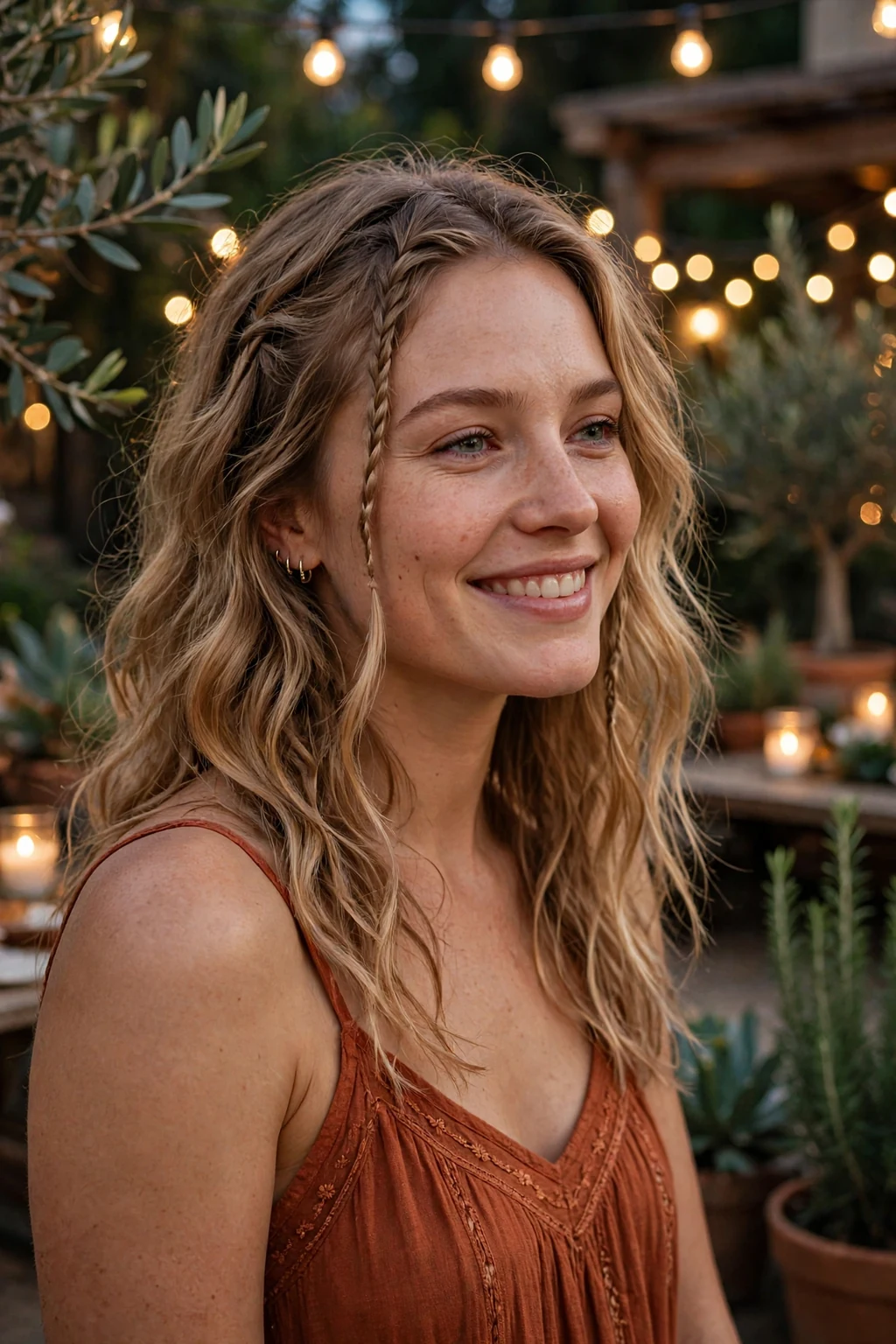 A young woman with loose boho waves and small braids at a holiday party, wearing a rust-colored maxi dress.