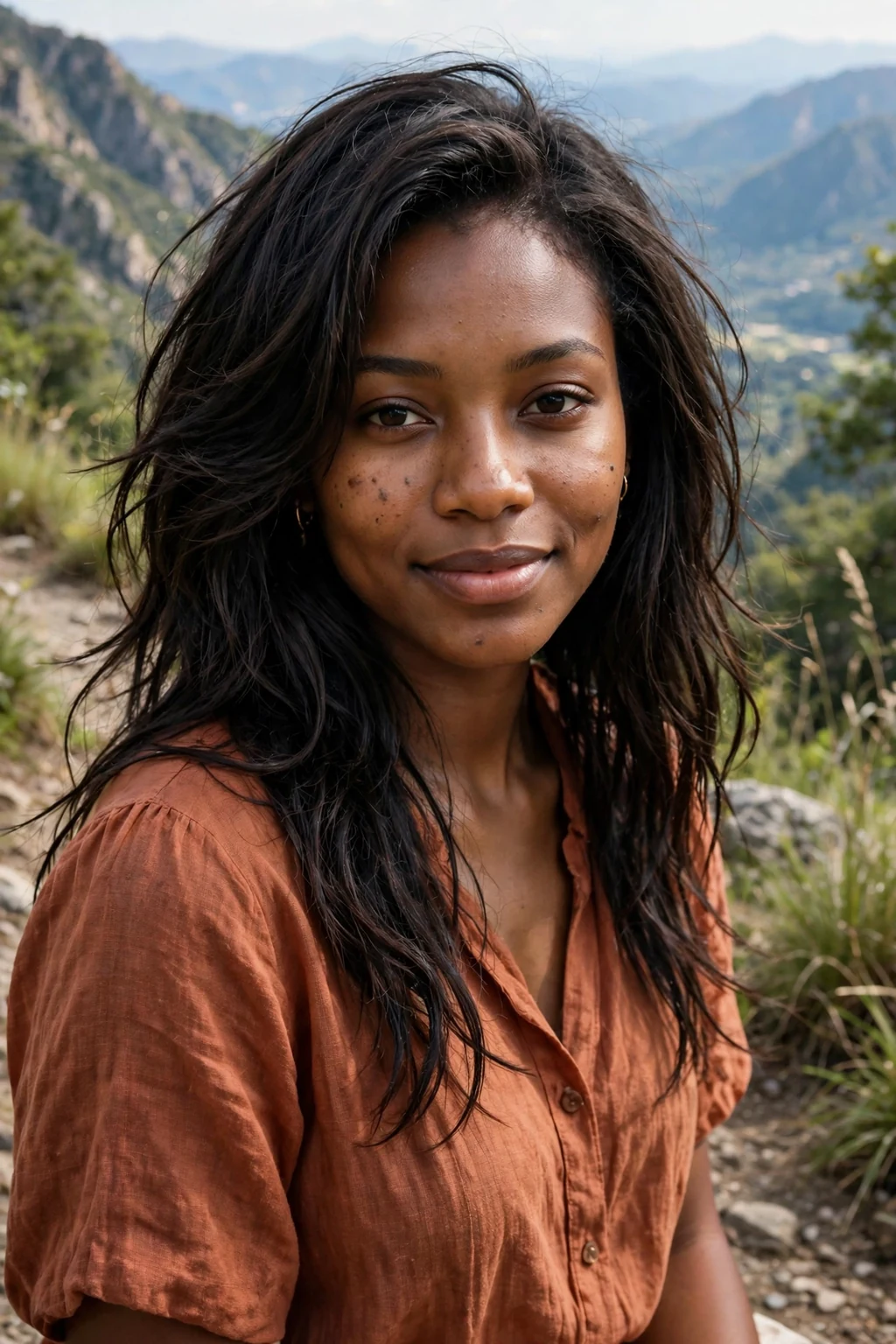 Young woman with loose finger-combed layers, wearing a terracotta blouse on a mountain trail overlook.
