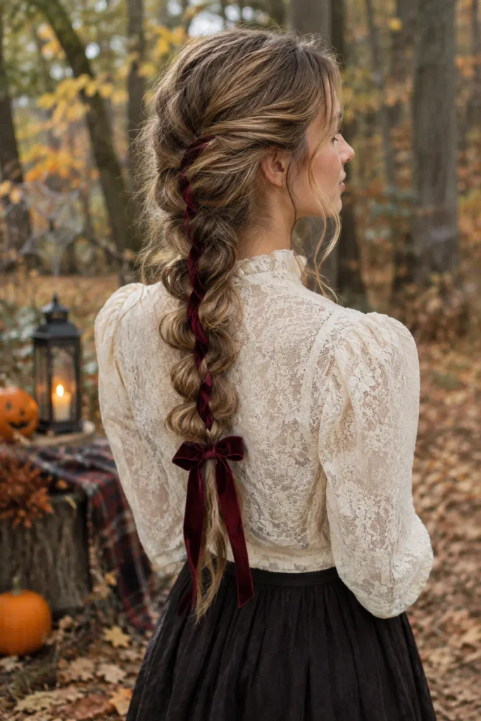 Young woman with long dark blonde hair in a loose French braid woven with a burgundy velvet ribbon, standing in an autumn woodland.