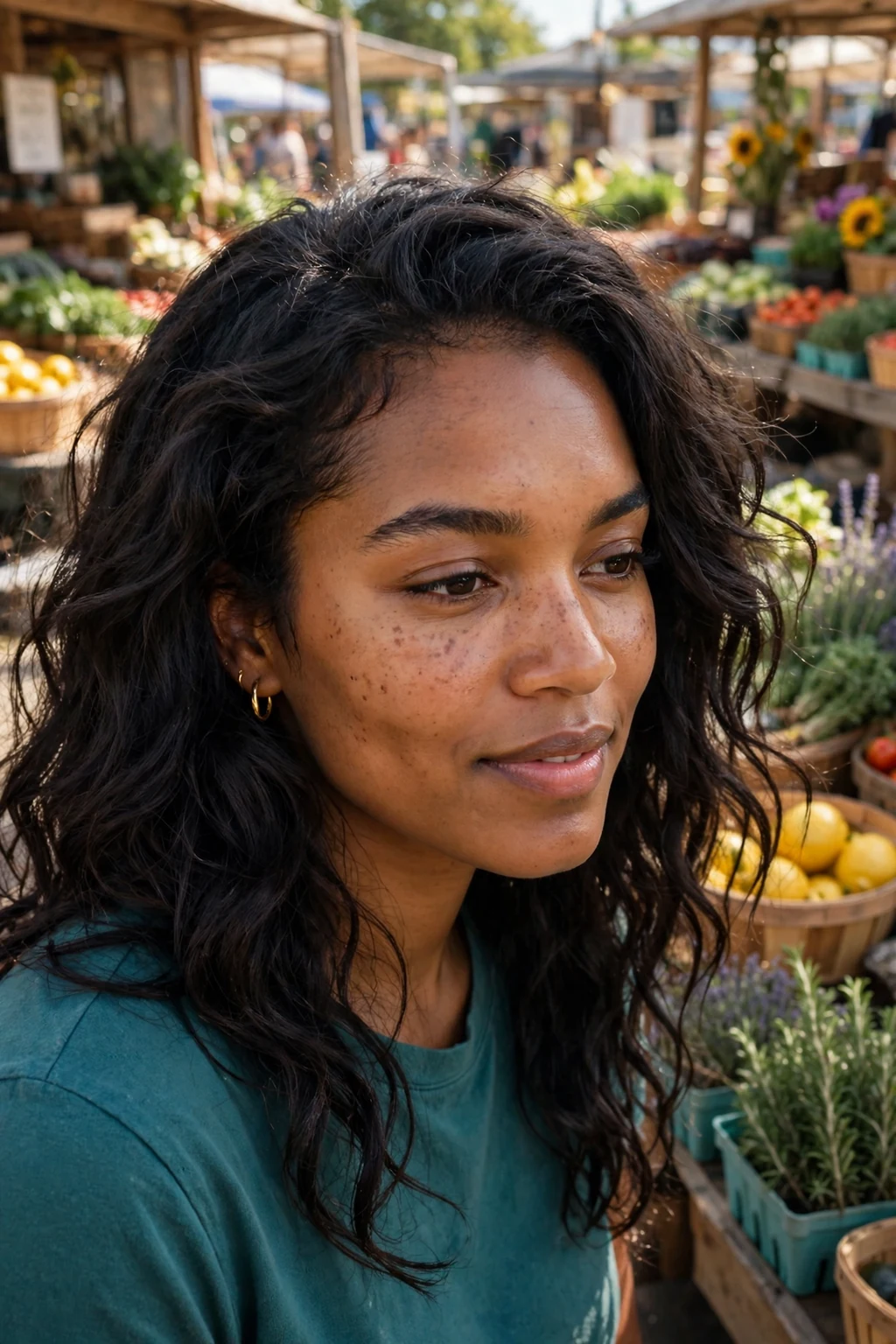 Young woman with loose garden waves and natural texture, at a farmers market wearing a teal top.