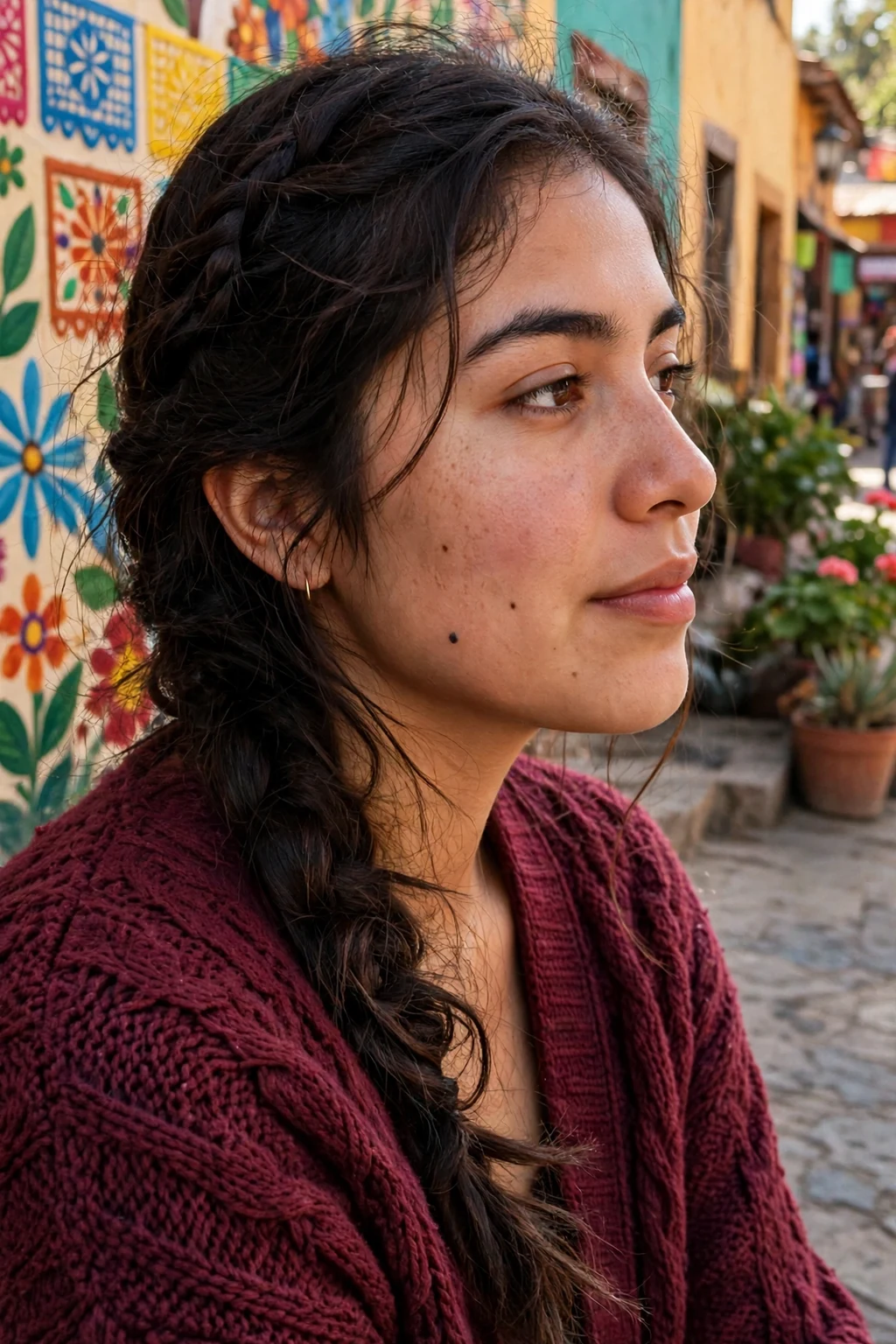 Young woman with a loose hand-braided side plait over one shoulder, wearing a burgundy knitted cardigan in a village plaza.