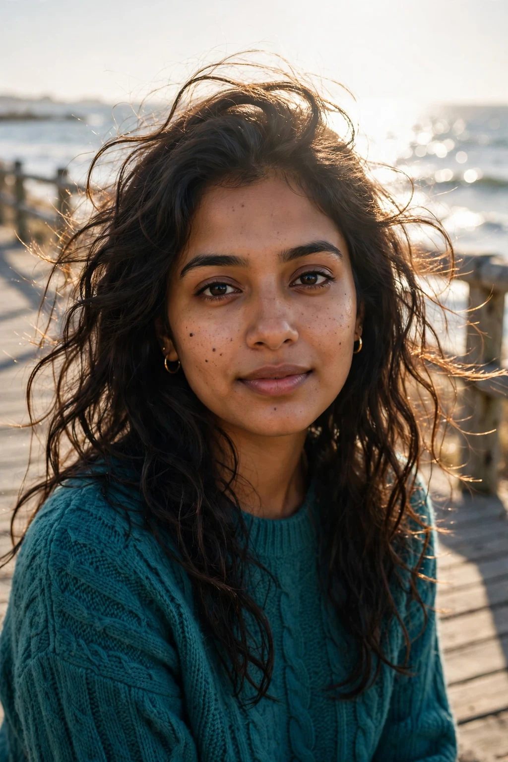 Young woman with loose hand-scrunched waves, wearing a teal sweater on a coastal boardwalk.