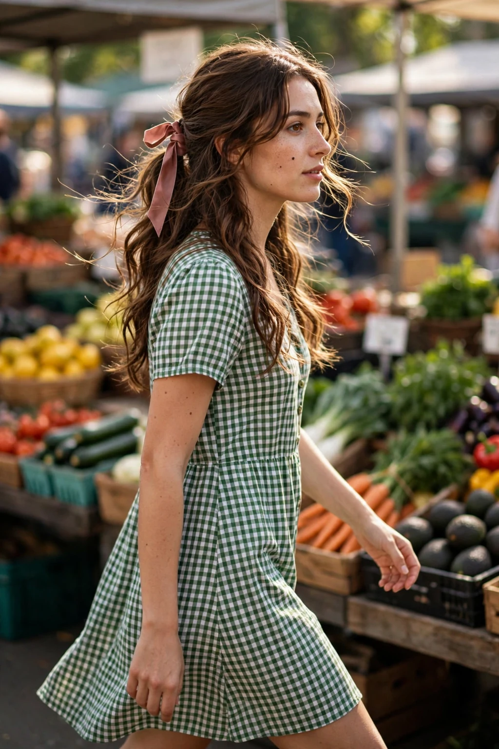 A young woman with a loose low ponytail tied with a satin ribbon, strolling through a farmers market in a gingham dress.