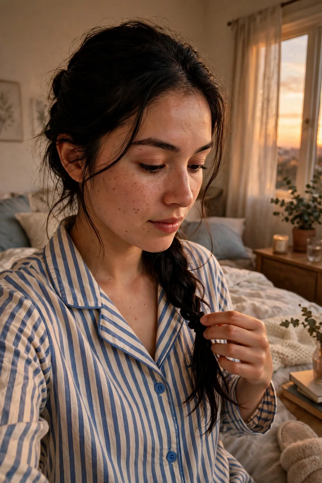 A young woman with a loose braid over her shoulder getting ready for bed in the evening.