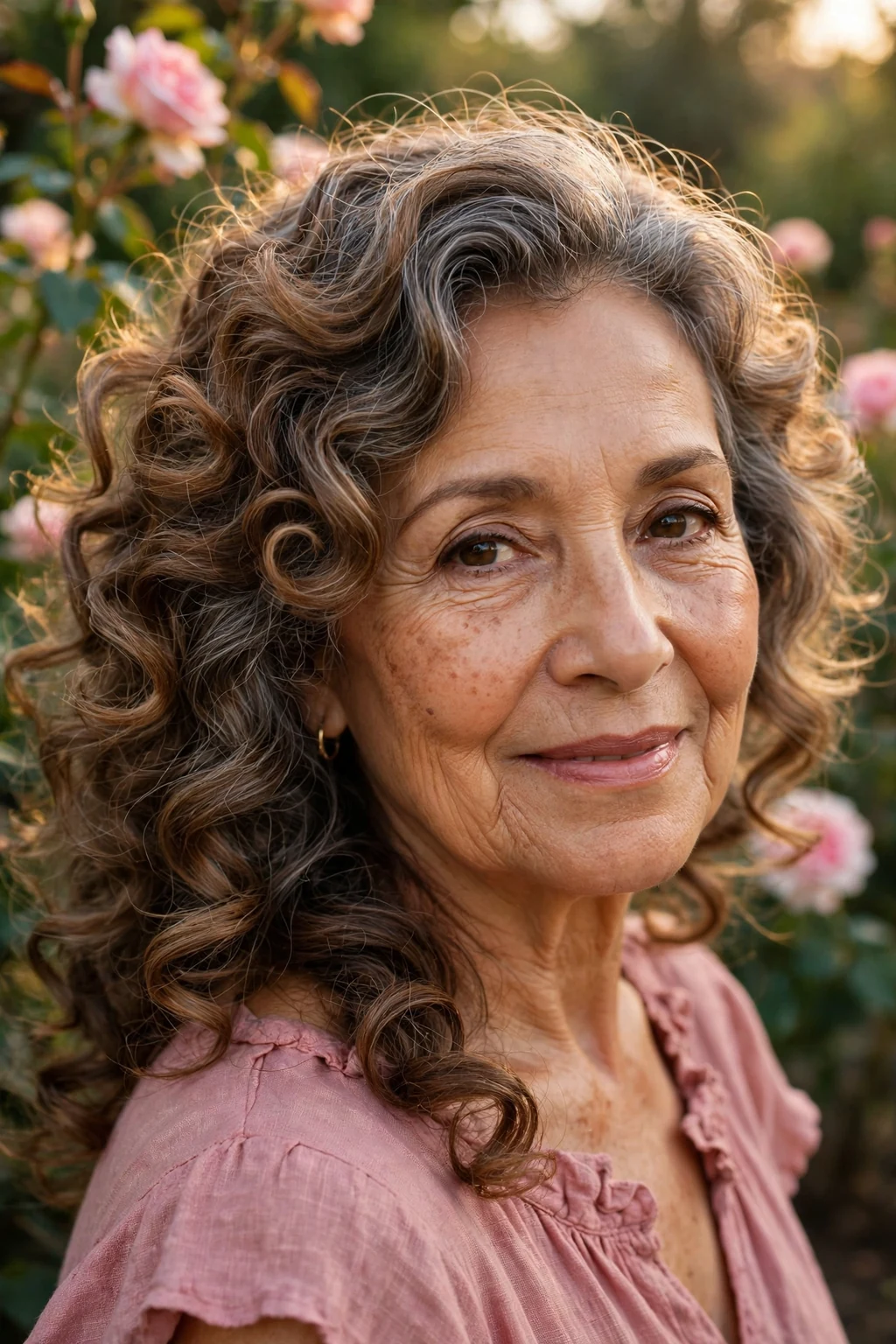 A woman in her mid-60s with loose romantic curls in warm brown hair, wearing a dusty-pink dress in a rose garden.