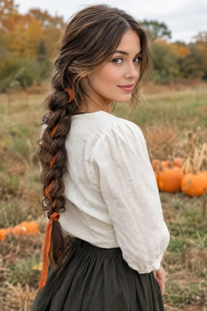 young woman with long wavy brown hair in a loose side braid woven with a burnt-orange ribbon, standing in an autumn pumpkin field wearing a cream linen blouse and dark skirt.