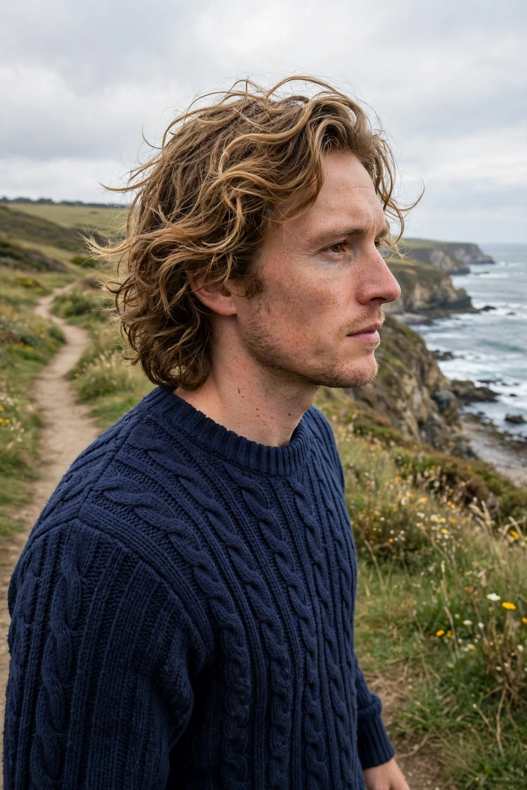 A man with loose wavy curls, soft relaxed waves falling naturally around his face.