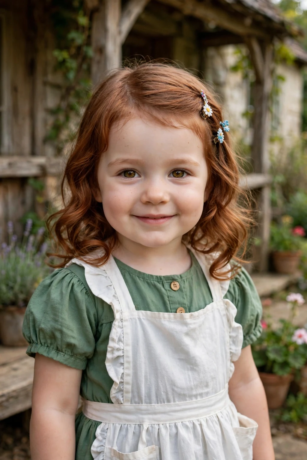 A toddler girl with loose waves with clips hairstyle, wearing green dress with white apron, in countryside cottage porch.
