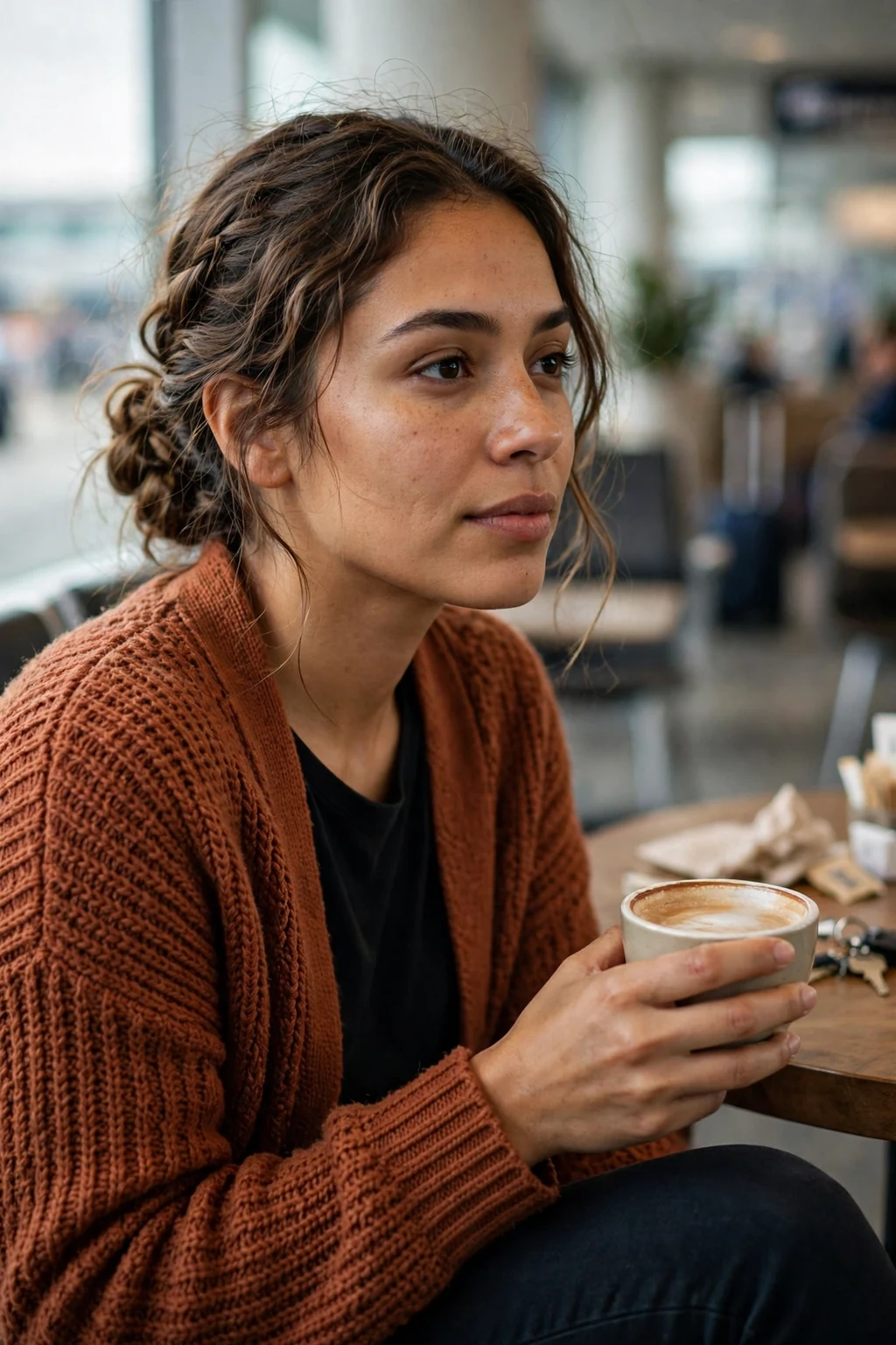 Young Latina woman with a low braided bun hairstyle at an airport cafe, wearing a rust-colored cardigan.