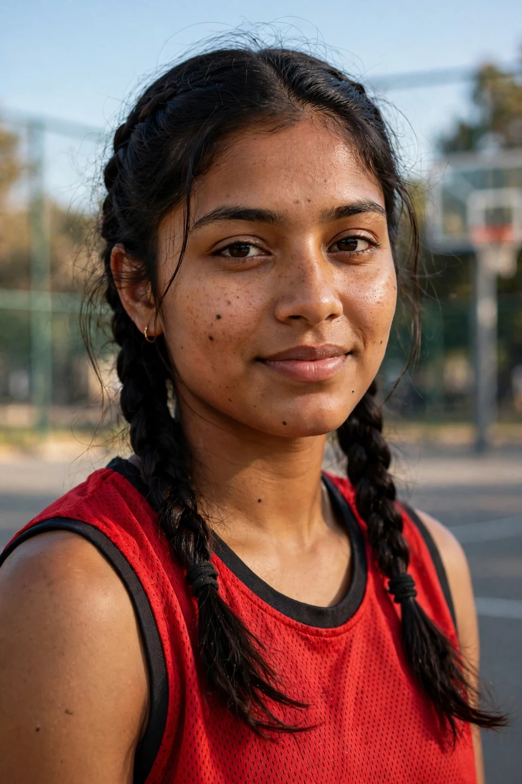 Young woman athlete with low braided pigtails, wearing a red jersey.