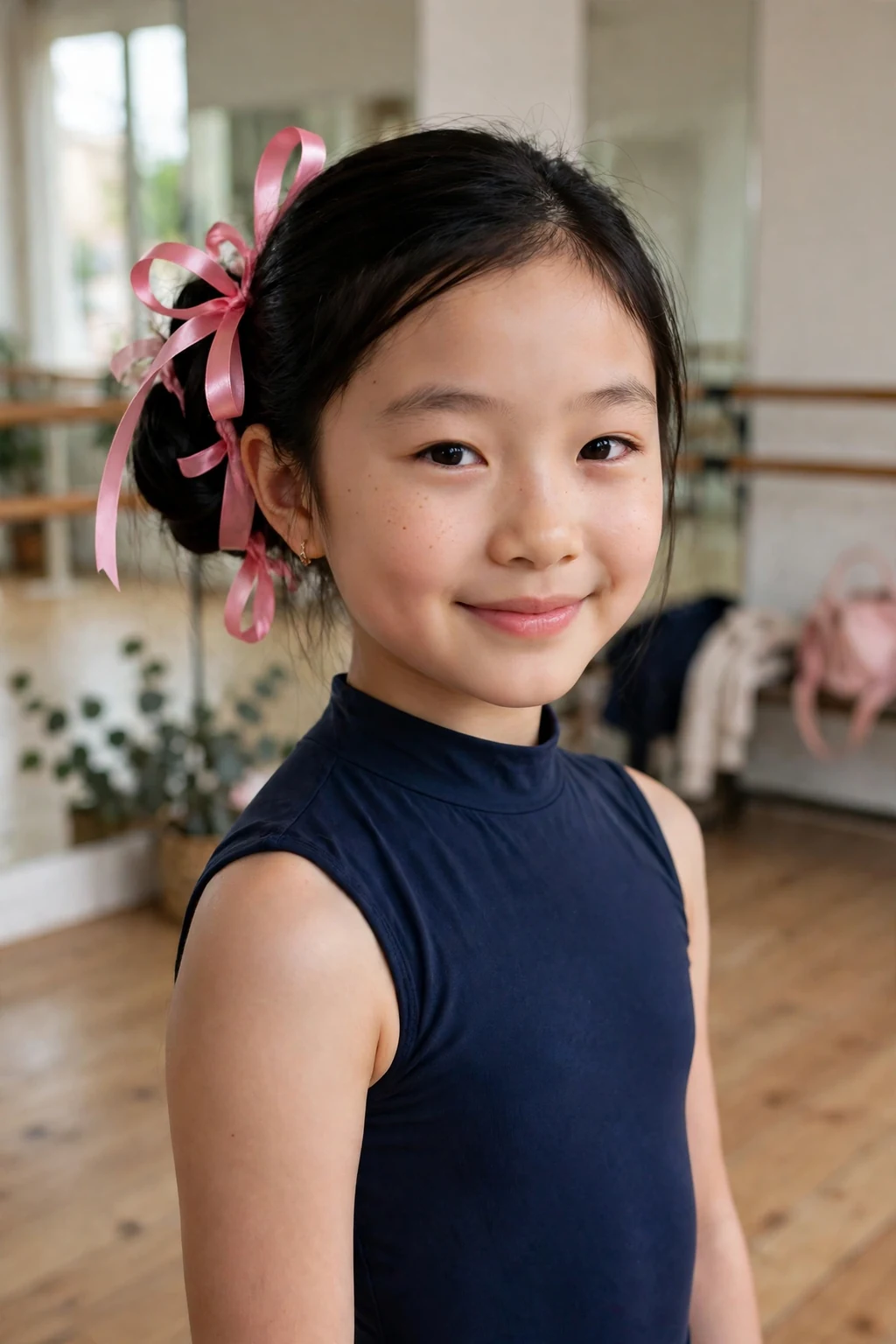A graceful young girl with a low bun tied with ribbons, wearing a navy ballet outfit in a dance studio.