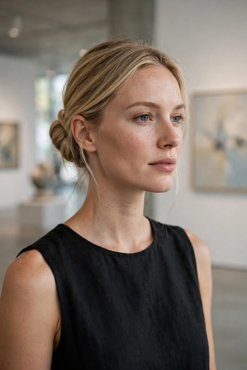 Beautiful woman with low bun updo, chic low bun, modern light.