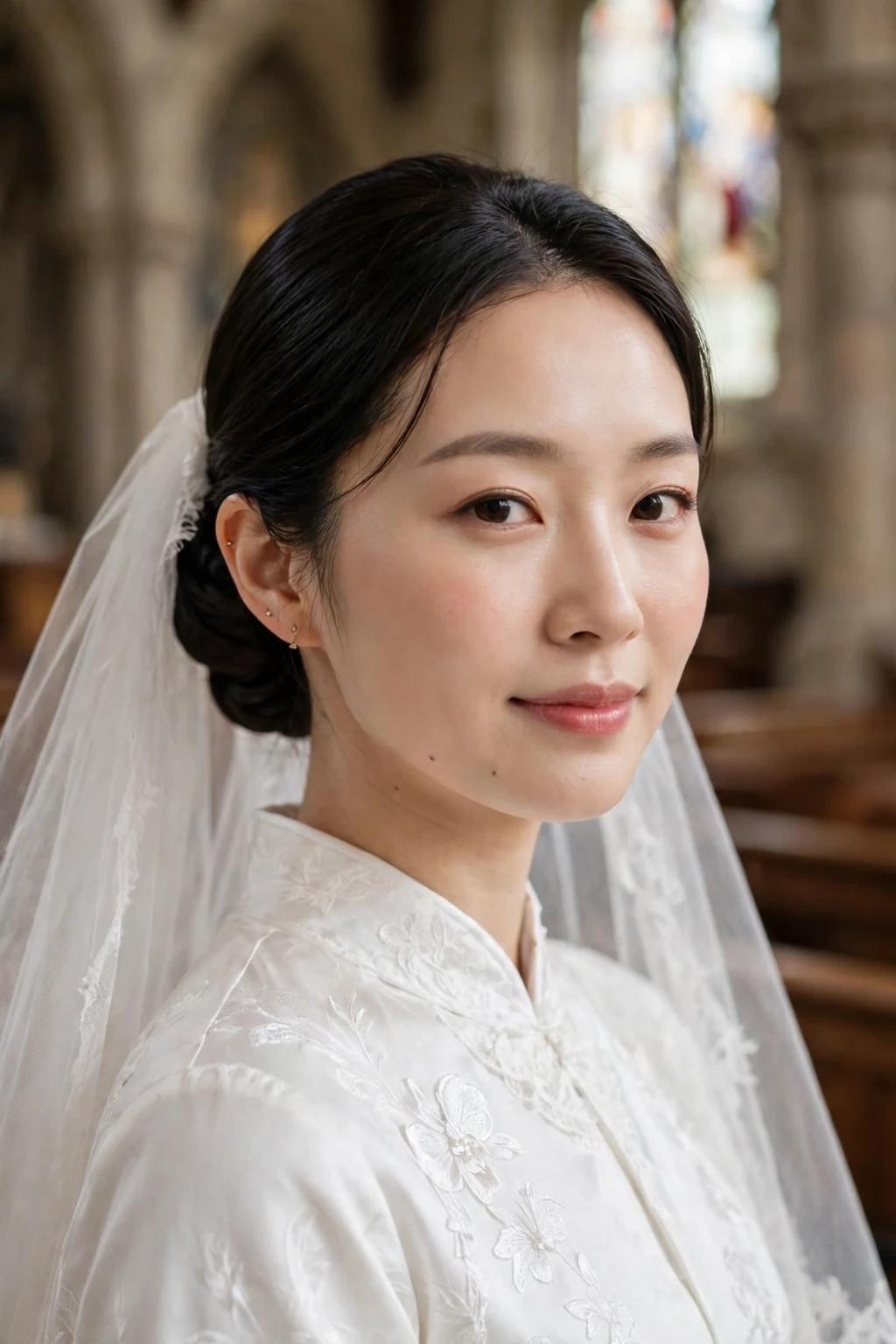 Beautiful bride with low chignon with veil, classic chignon with veil, timeless light.