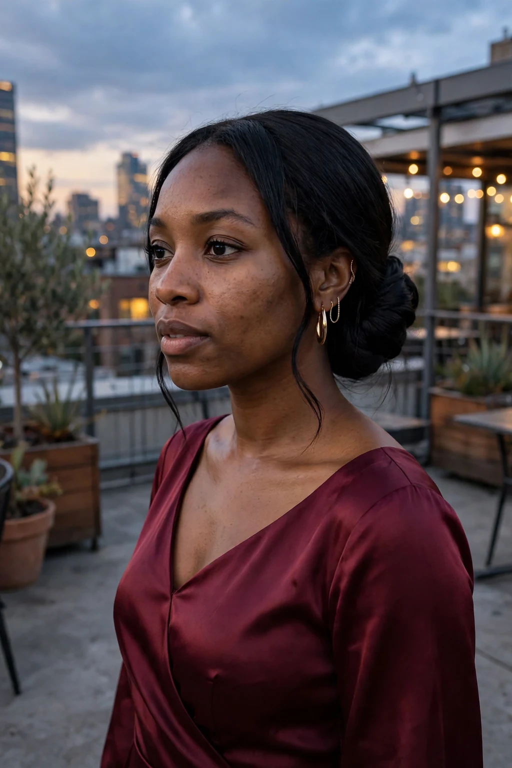 A young woman with an elegant low chignon updo at the nape, smooth polished finish, in a refined evening setting.