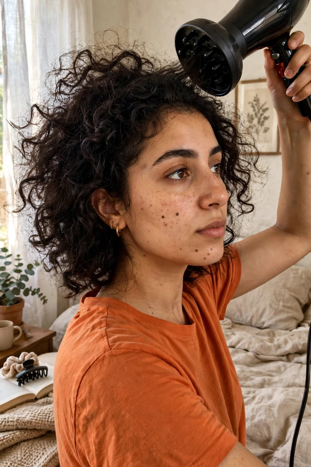 A young Middle Eastern woman with voluminous curly dark hair diffusing her curls with a hair dryer diffuser attachment in a bedroom.