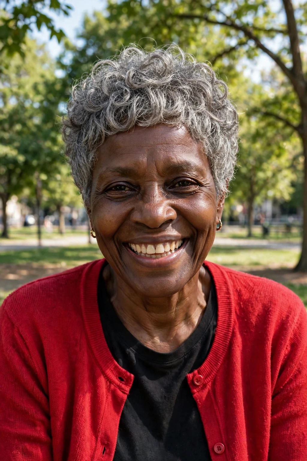 A Black woman around sixty with a wash-and-go pixie haircut, wearing a red cardigan in a neighborhood park.