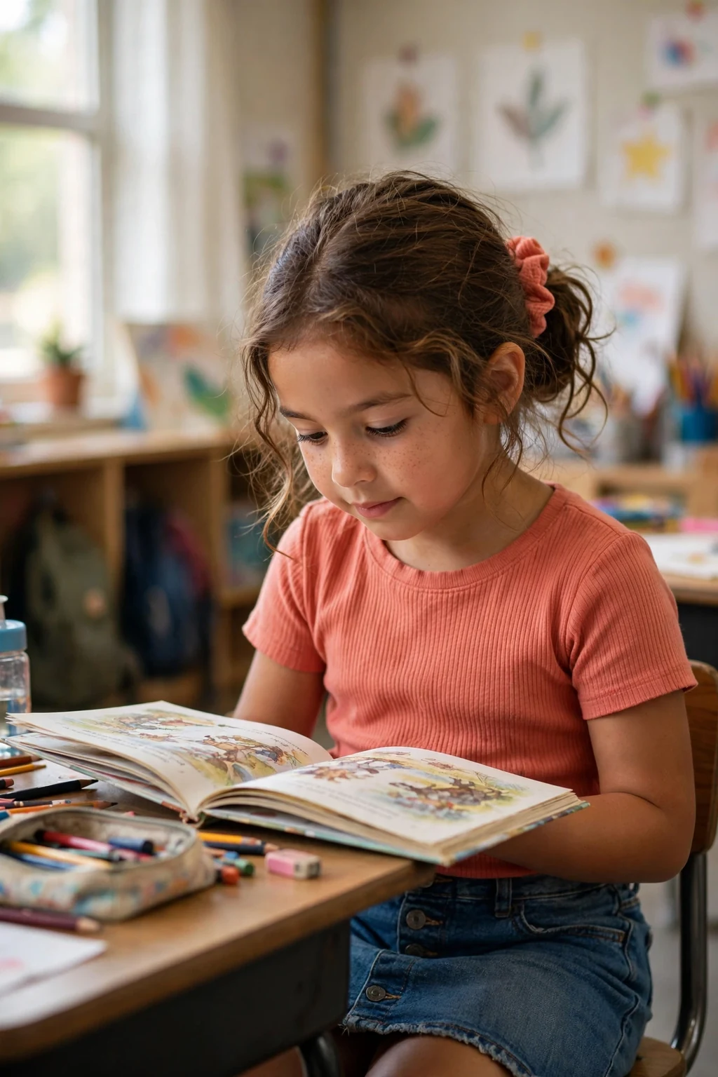 A schoolgirl with a low messy bun and a scrunchie in a classroom.
