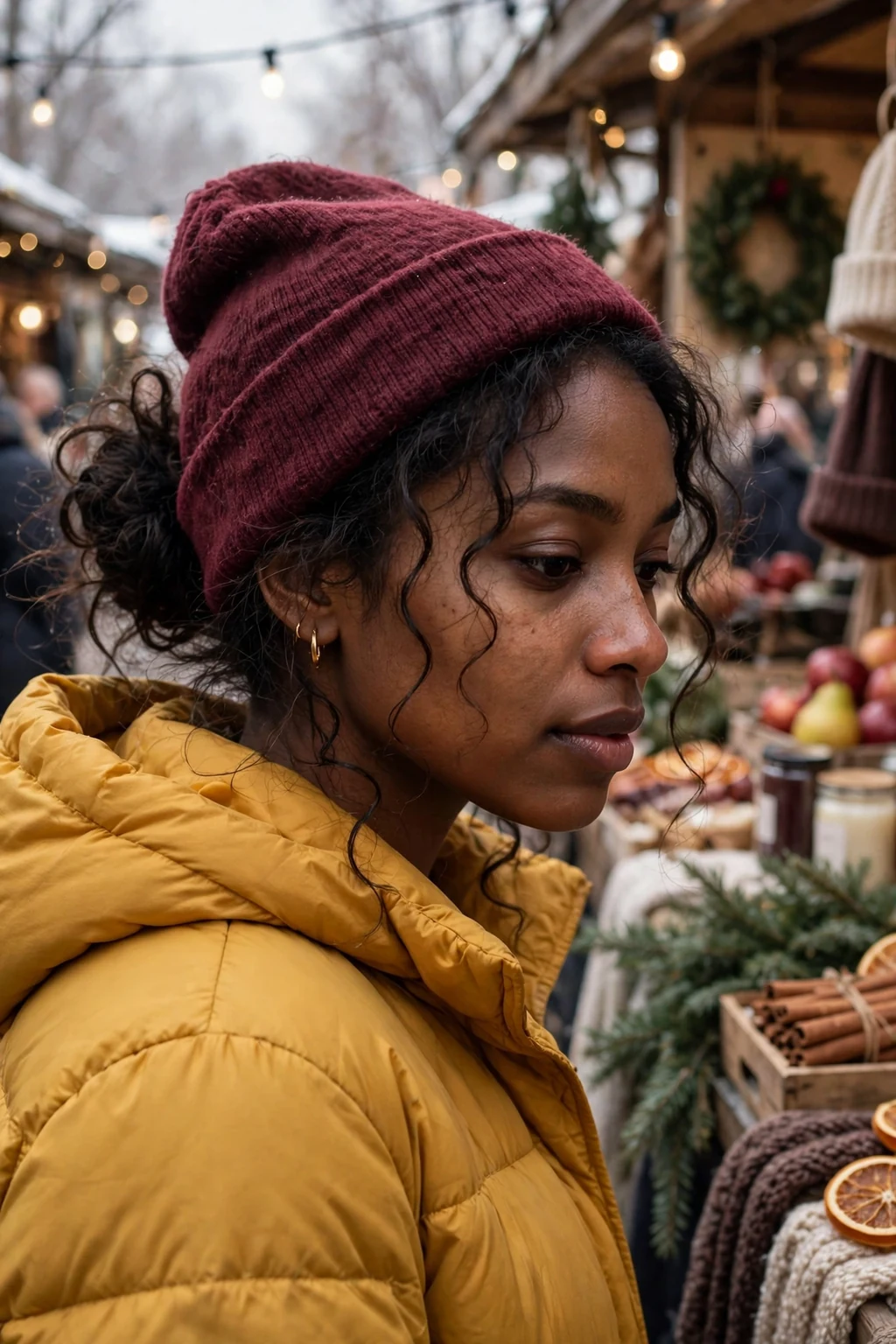 Young woman with a low messy bun peeking below a burgundy beanie at a winter market.