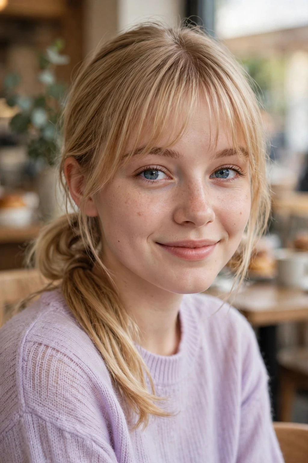Beautiful woman with low pony with bangs, cute low pony with bangs, sweet light.