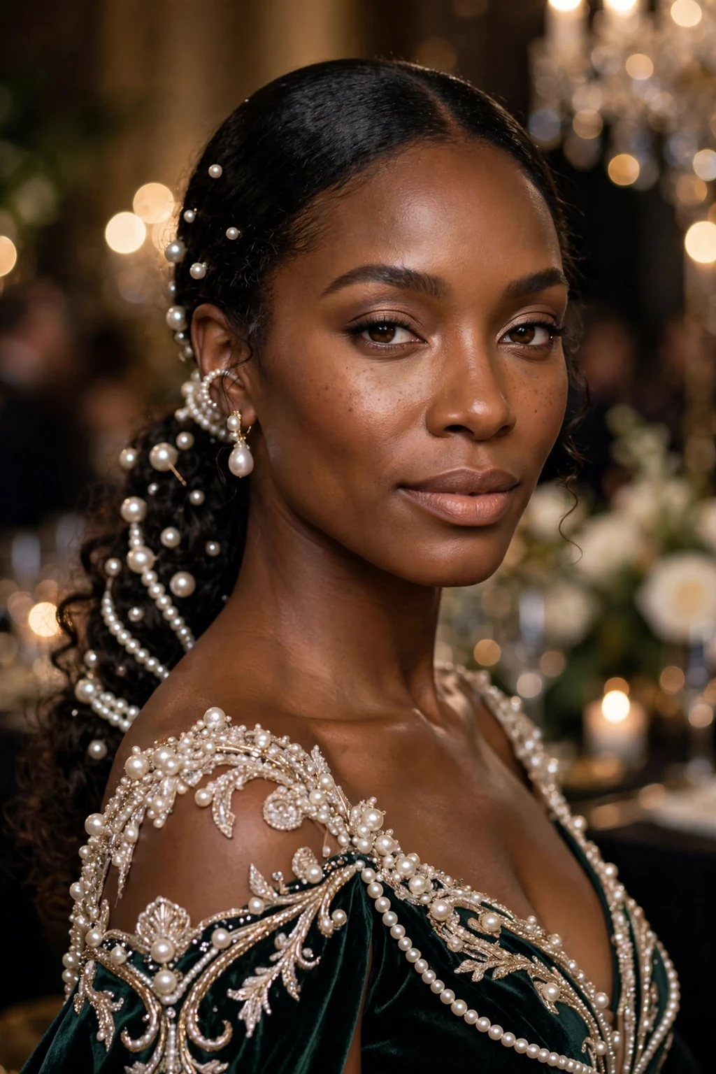 Beautiful woman with low pony with pearls, elegant pearl low pony, luxurious light.